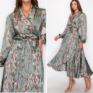 Elegant Sage Green Ikat Patterned Satin Wrap Dress